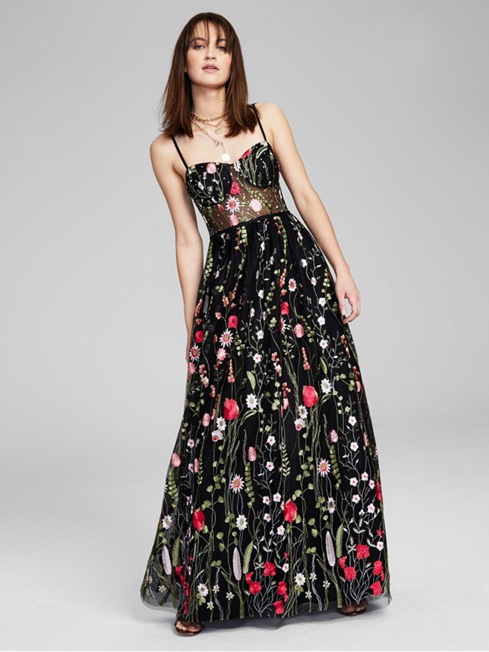 City Studio Black Maxi Dress with Pink and Green Floral Embroidery